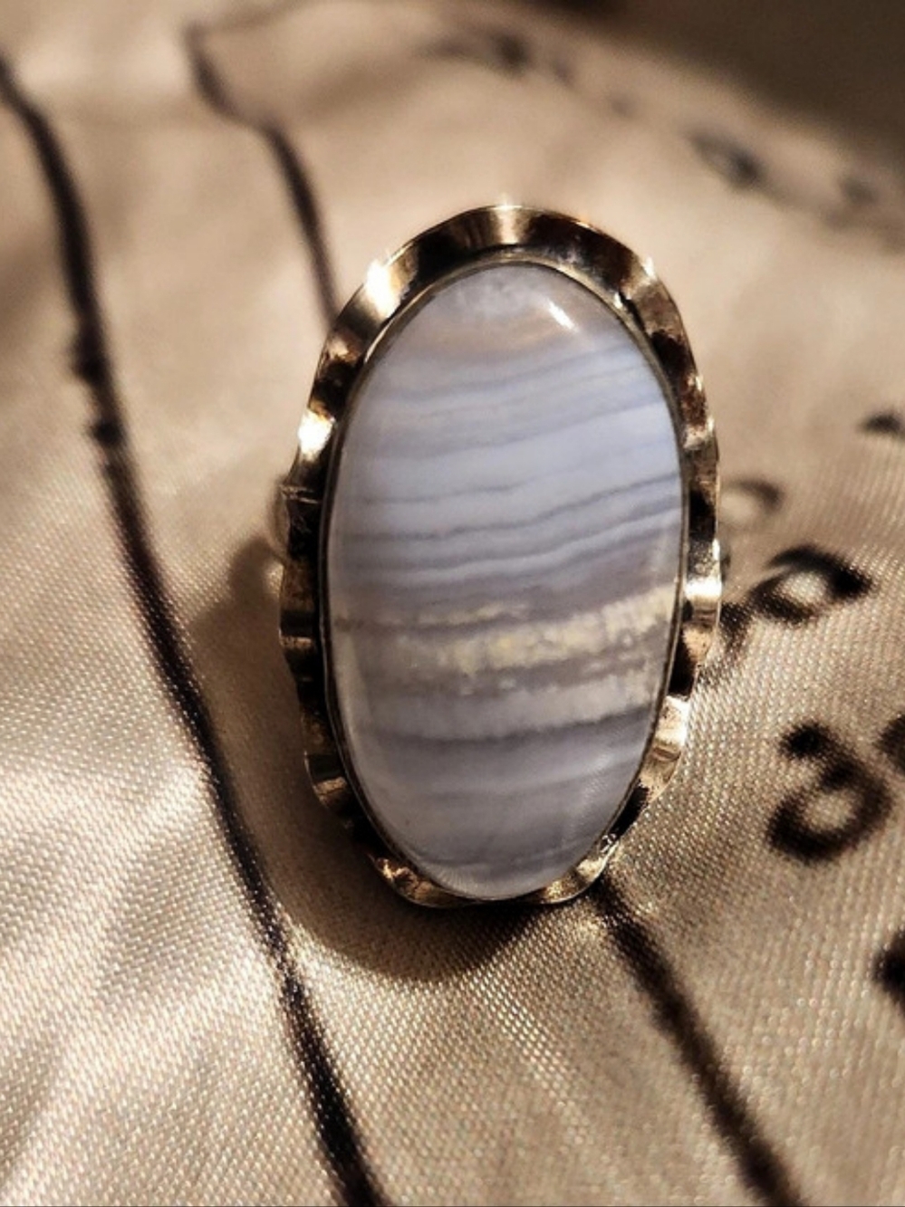 Natural Blue Banded Lace Agate Stone Statement Ring 925 Sterling Silver